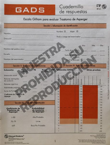 Cuadernillo de Respuestas Escala Gilliam para evaluar trastorno de Asperger